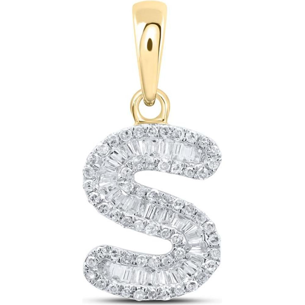 10K Yellow Gold "S" Initial Diamond Pendant with Baguette and Round Diamonds - 1/3 Carat Total Diamond Weight