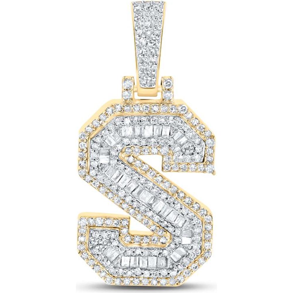 10K Yellow Gold "S" Initial Letter Pendant with Baguette and Round Diamonds - 1/2 Carat Total Diamond Weight