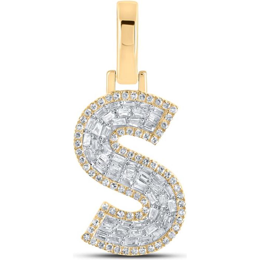 10K Yellow Gold S Initial Pendant with Prong-Set Baguette and Pavé Round Diamonds - 0.38 Carat Total Diamond Weight