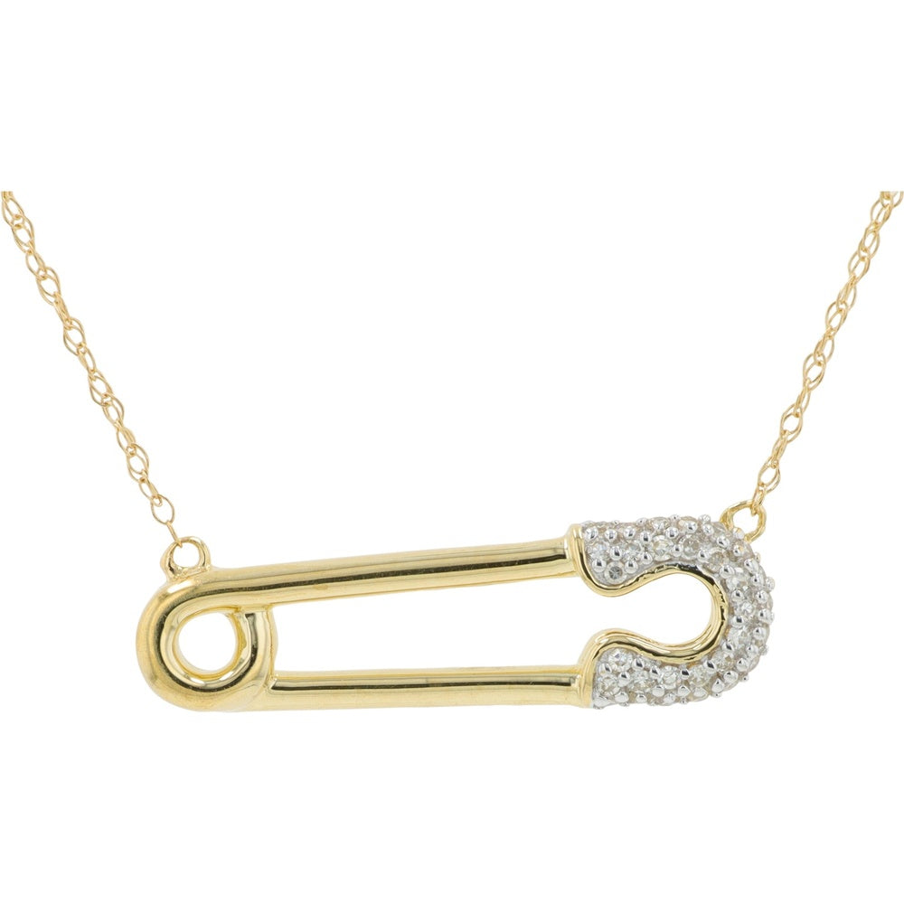 10K Yellow Gold Safety Pin Pendant Necklace with Pavé-Set Round Diamonds - 0.10 Carat Total Diamond Weight