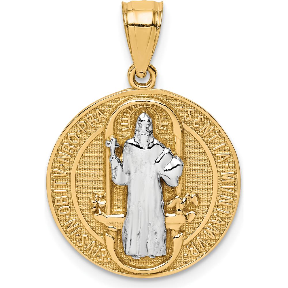 10K Yellow Gold San Benito Medal Pendant with Rhodium Accents - 24.33mm Length