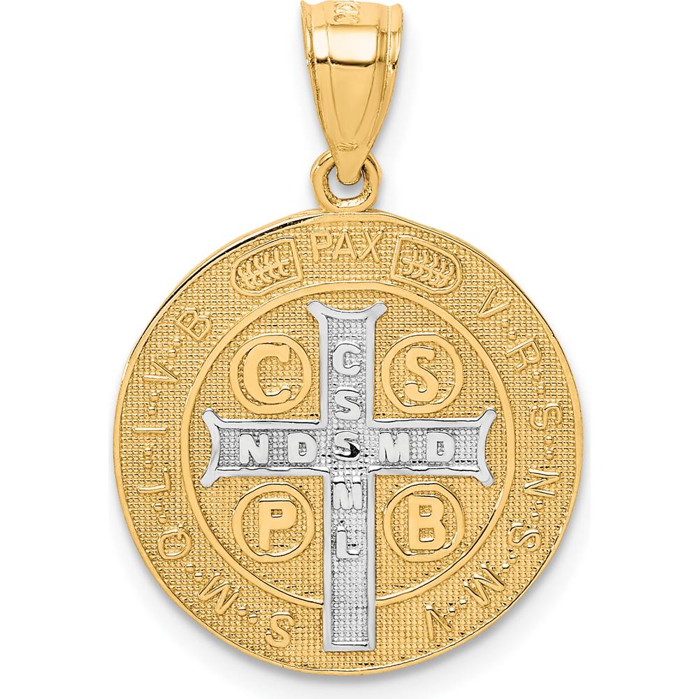 10K Yellow Gold San Benito Medal Pendant with Rhodium Accents - 24.33mm Length