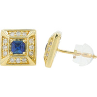 10K Yellow Gold Sapphire Earrings with Diamond Halo - 0.30 Carat Total Gem Weight