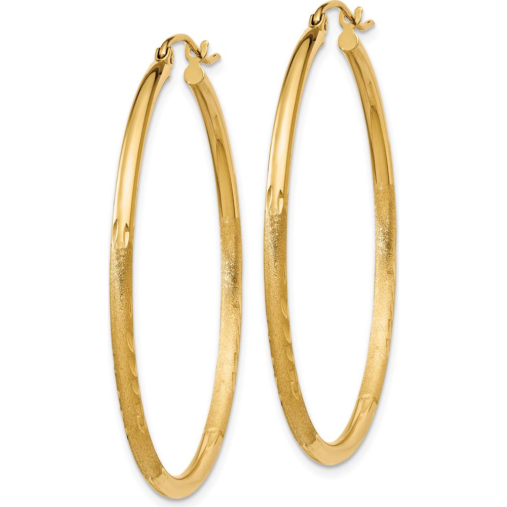 10K Yellow Gold Satin and Diamond-Cut 2mm Round Tube Hoop Earrings - 40mm Length
