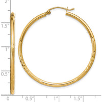 10K Yellow Gold Satin and Diamond-Cut 2mm Round Tube Hoop Earrings - 40mm Length