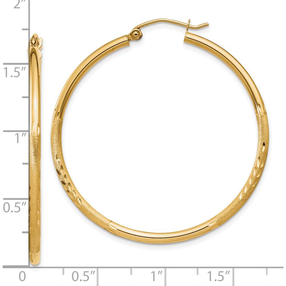 10K Yellow Gold Satin and Diamond-Cut 2mm Round Tube Hoop Earrings - 40mm Length