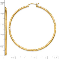 10K Yellow Gold Satin and Diamond-Cut 2mm Round Tube Hoop Earrings - 55mm Length