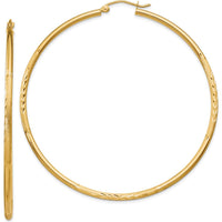 10K Yellow Gold Satin and Diamond-Cut 2mm Round Tube Hoop Earrings - 60mm Length