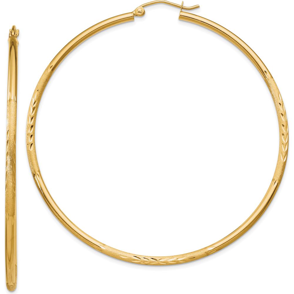 10K Yellow Gold Satin and Diamond-Cut 2mm Round Tube Hoop Earrings - 60mm Length