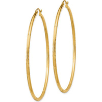 10K Yellow Gold Satin and Diamond-Cut 2mm Round Tube Hoop Earrings - 60mm Length