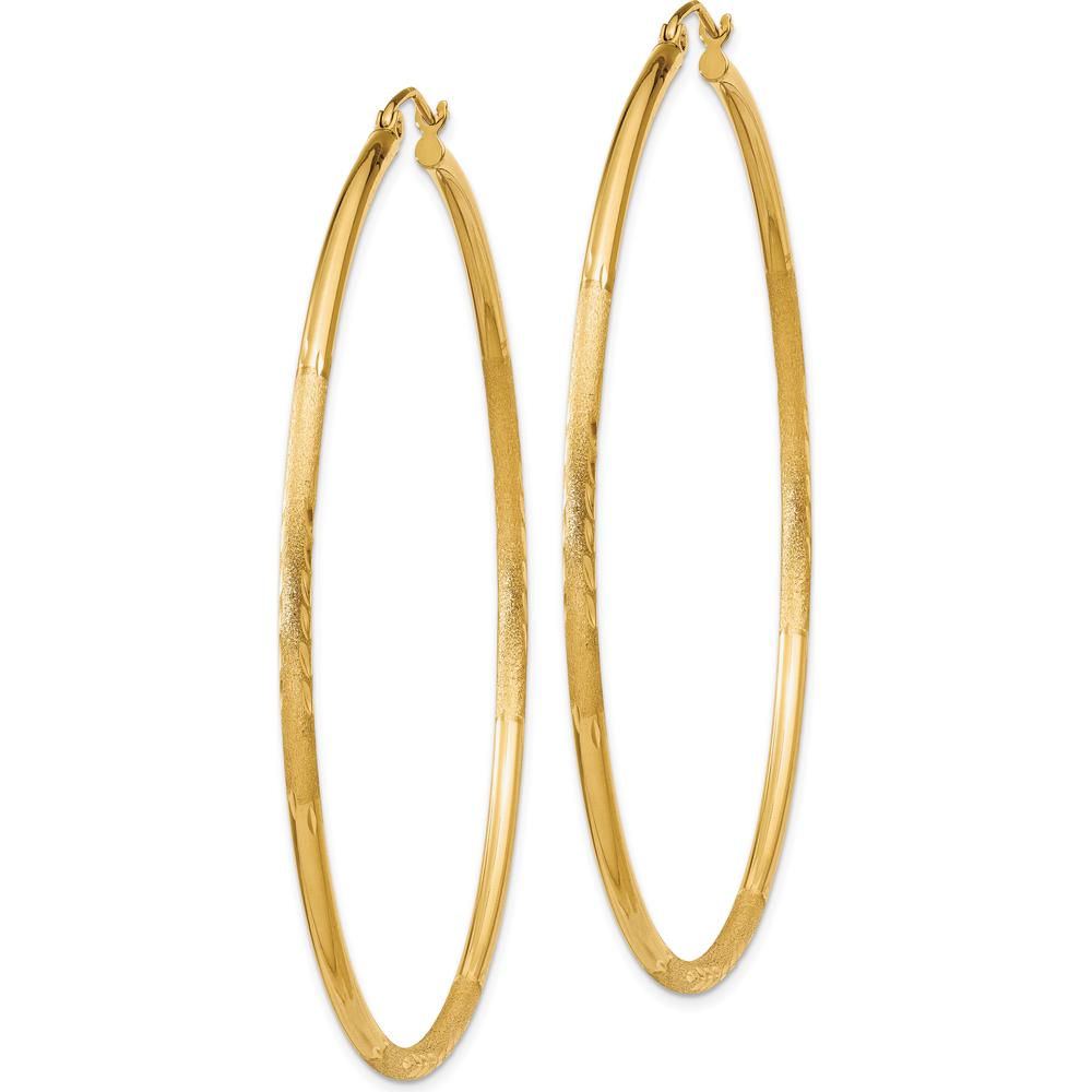 10K Yellow Gold Satin and Diamond-Cut 2mm Round Tube Hoop Earrings - 60mm Length