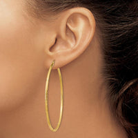 10K Yellow Gold Satin and Diamond-Cut 2mm Round Tube Hoop Earrings - 60mm Length