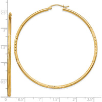10K Yellow Gold Satin and Diamond-Cut 2mm Round Tube Hoop Earrings - 60mm Length