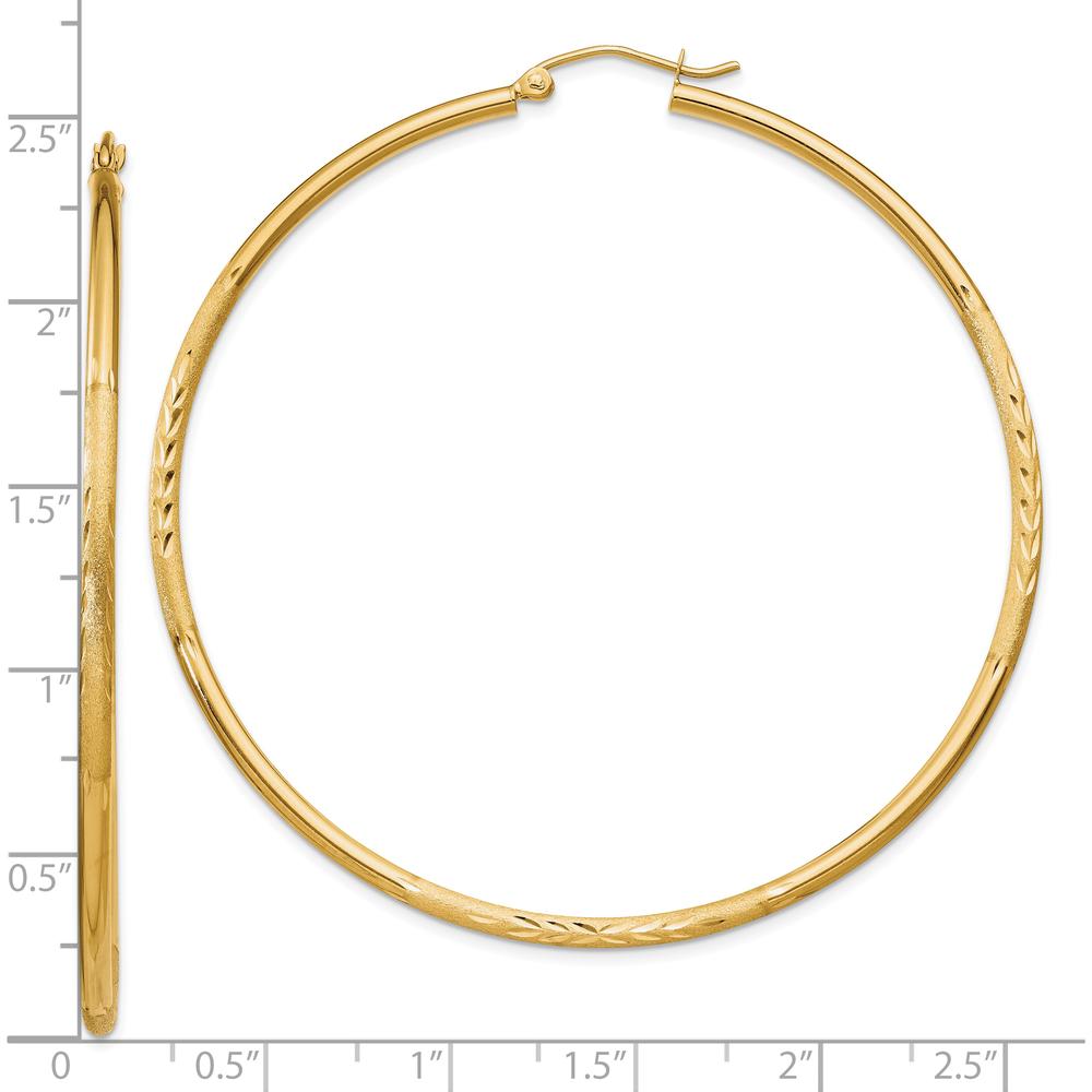 10K Yellow Gold Satin and Diamond-Cut 2mm Round Tube Hoop Earrings - 60mm Length