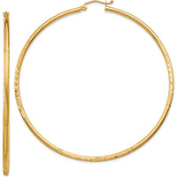 10K Yellow Gold Satin and Diamond-Cut 2mm Round Tube Hoop Earrings - 65mm Length