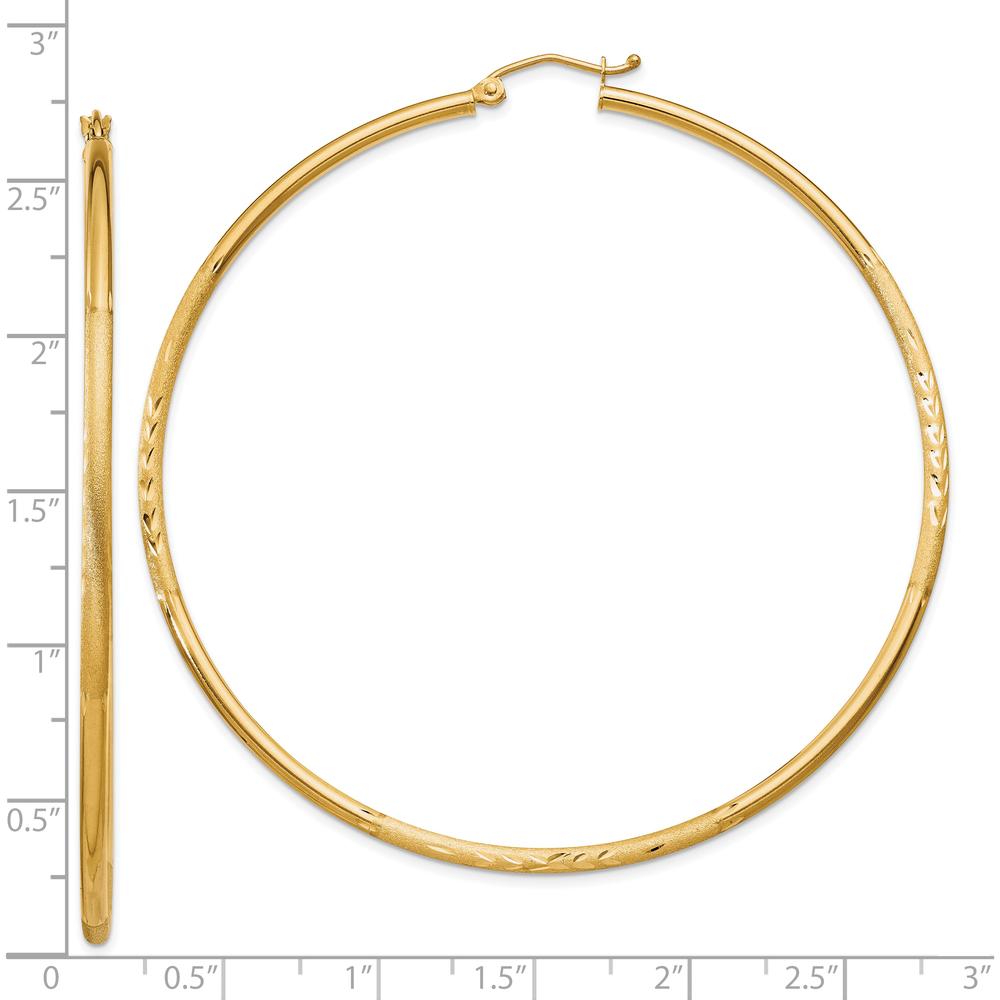 10K Yellow Gold Satin and Diamond-Cut 2mm Round Tube Hoop Earrings - 65mm Length