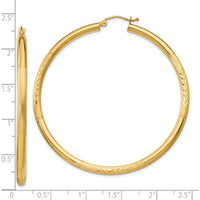 10K Yellow Gold Satin & Diamond-cut 3mm Large Hoop Earrings - 55mm Length