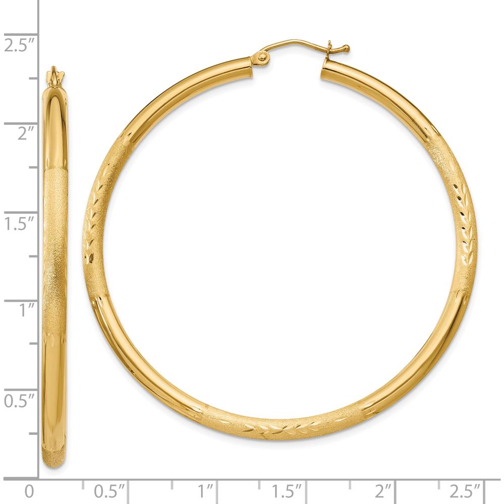 10K Yellow Gold Satin & Diamond-cut 3mm Large Hoop Earrings - 55mm Length