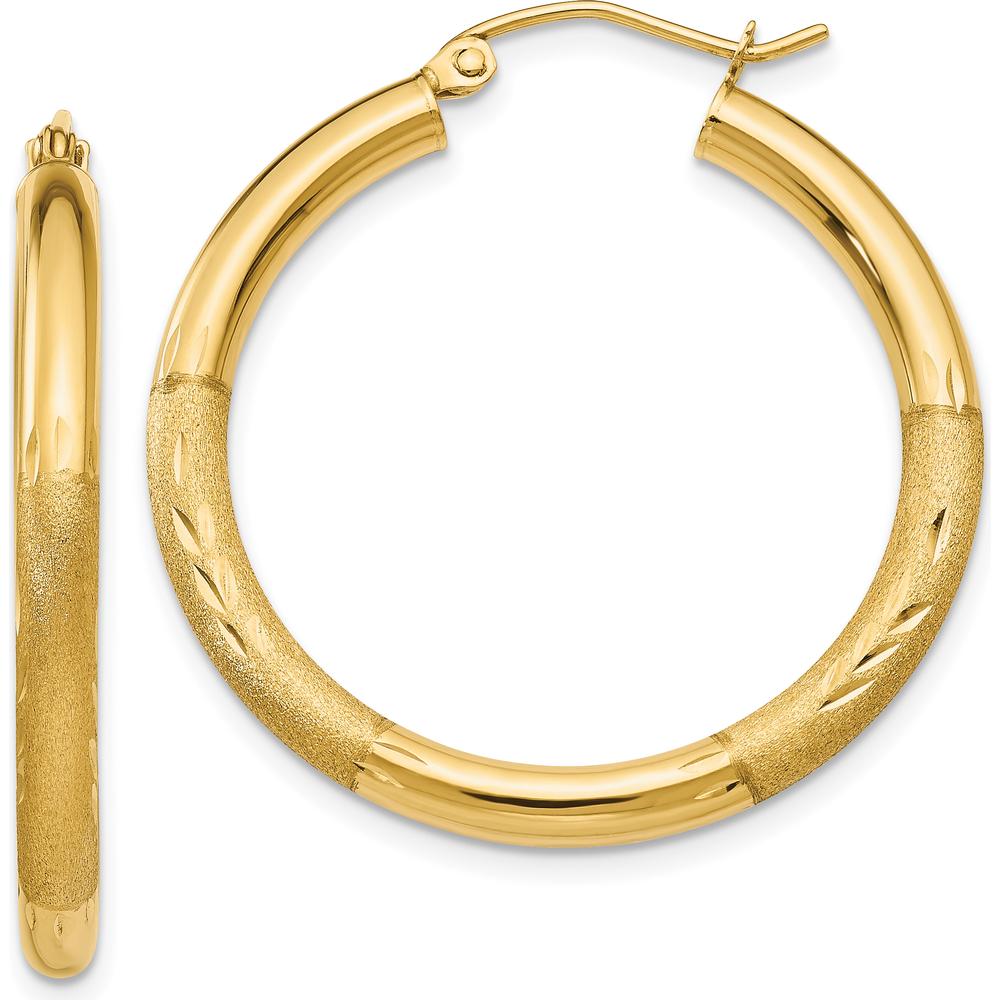 10K Yellow Gold Satin & Diamond-Cut 3mm Round Hoop Earrings - 30mm Length