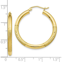 10K Yellow Gold Satin & Diamond-Cut 3mm Round Hoop Earrings - 30mm Length