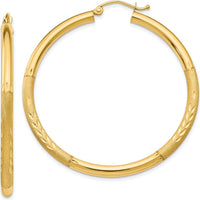 10K Yellow Gold Satin & Diamond-Cut 3mm Round Hoop Earrings - 45mm Length