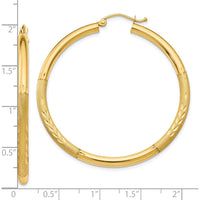 10K Yellow Gold Satin & Diamond-Cut 3mm Round Hoop Earrings - 45mm Length