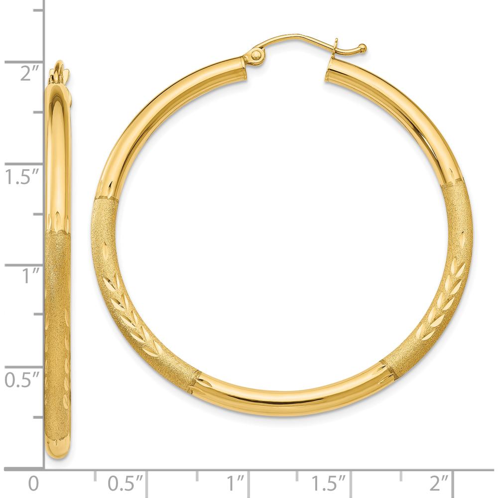 10K Yellow Gold Satin & Diamond-Cut 3mm Round Hoop Earrings - 45mm Length