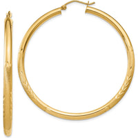 10K Yellow Gold Satin & Diamond-Cut 3mm Round Hoop Earrings - 50mm Length