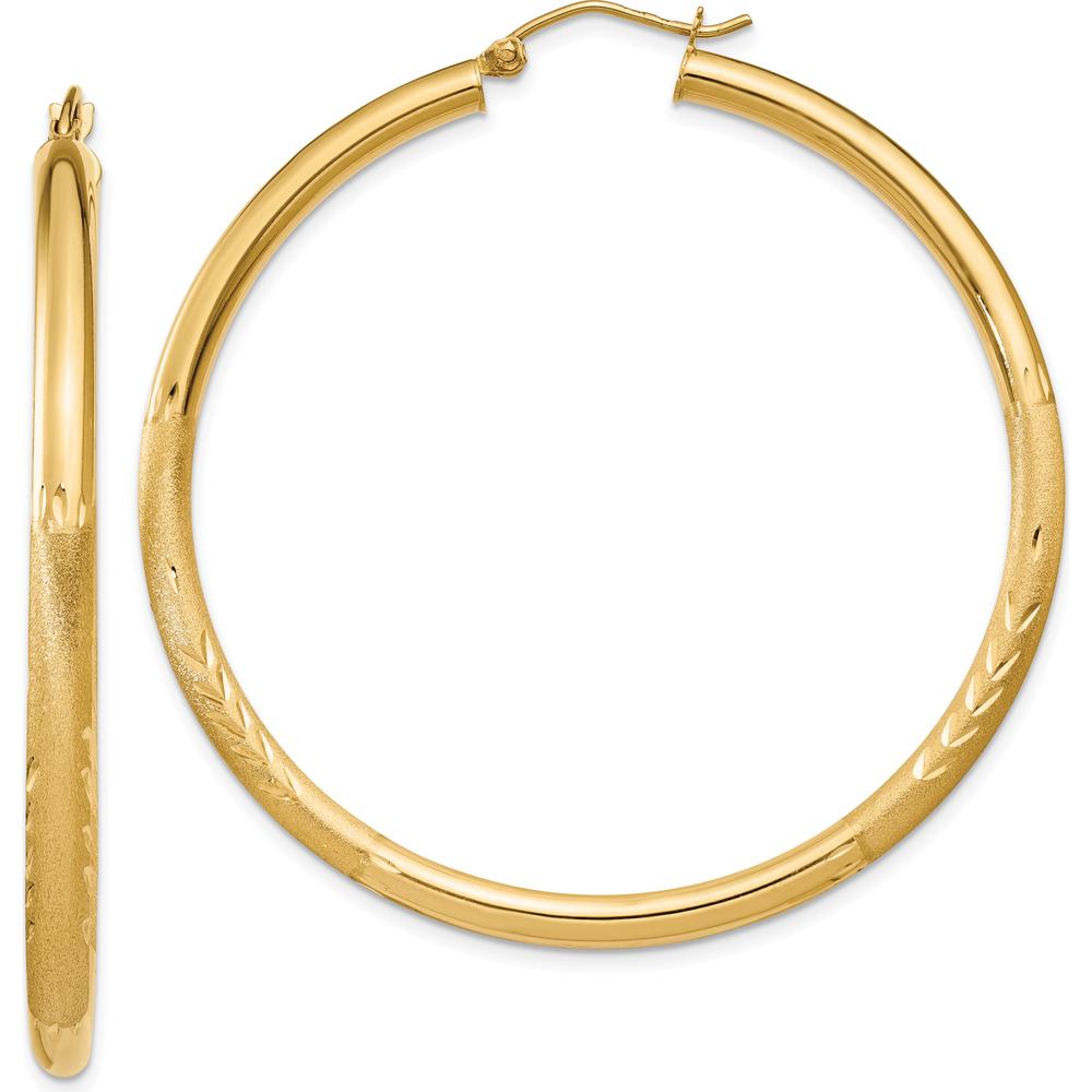 10K Yellow Gold Satin & Diamond-Cut 3mm Round Hoop Earrings - 50mm Length