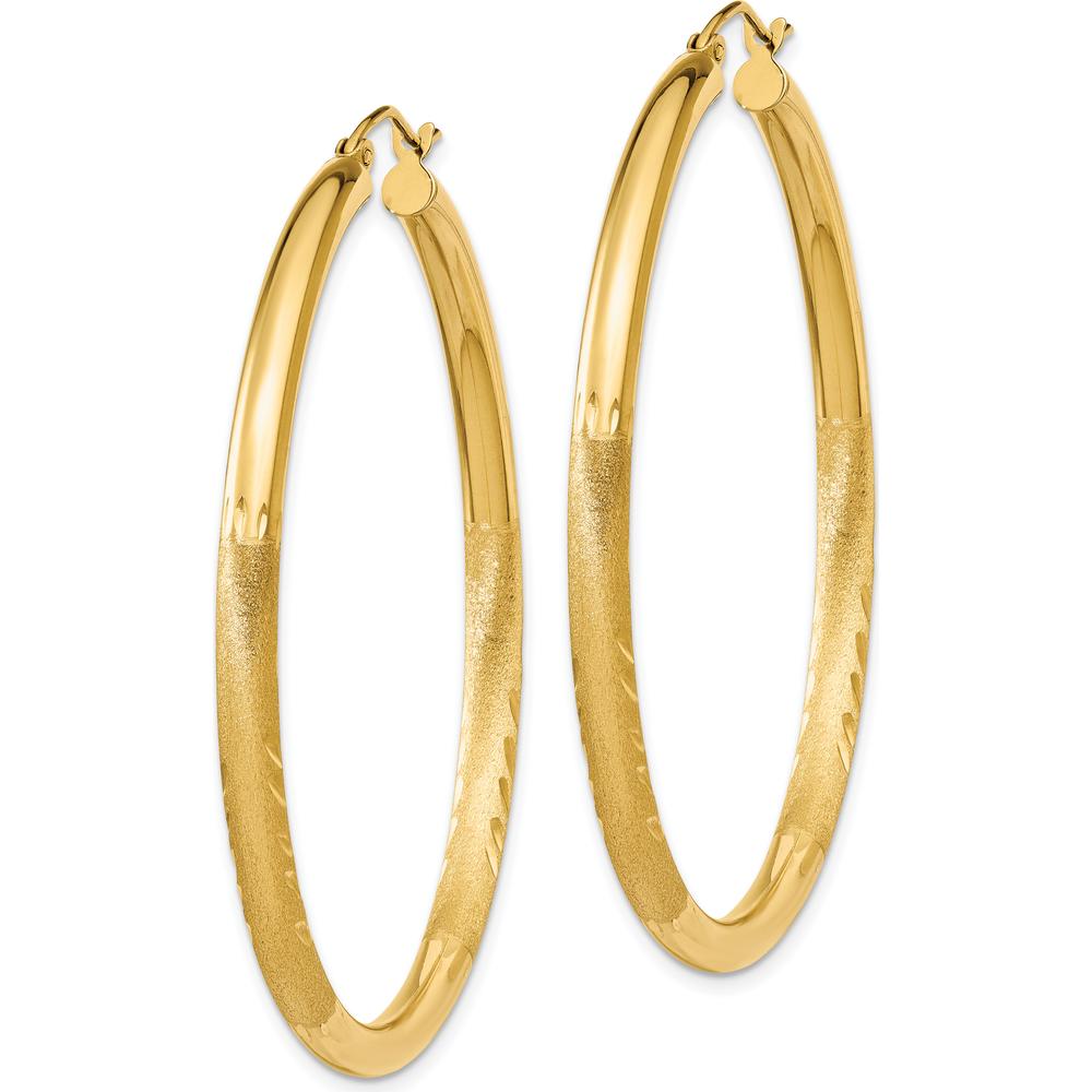 10K Yellow Gold Satin & Diamond-Cut 3mm Round Hoop Earrings - 50mm Length