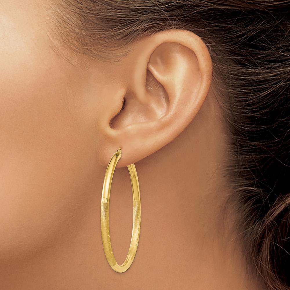10K Yellow Gold Satin & Diamond-Cut 3mm Round Hoop Earrings - 50mm Length
