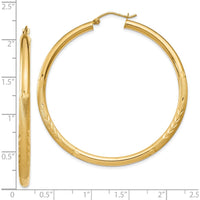10K Yellow Gold Satin & Diamond-Cut 3mm Round Hoop Earrings - 50mm Length