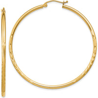 10K Yellow Gold Satin and Diamond-Cut Round Tube Hoop Earrings - 50mm Length