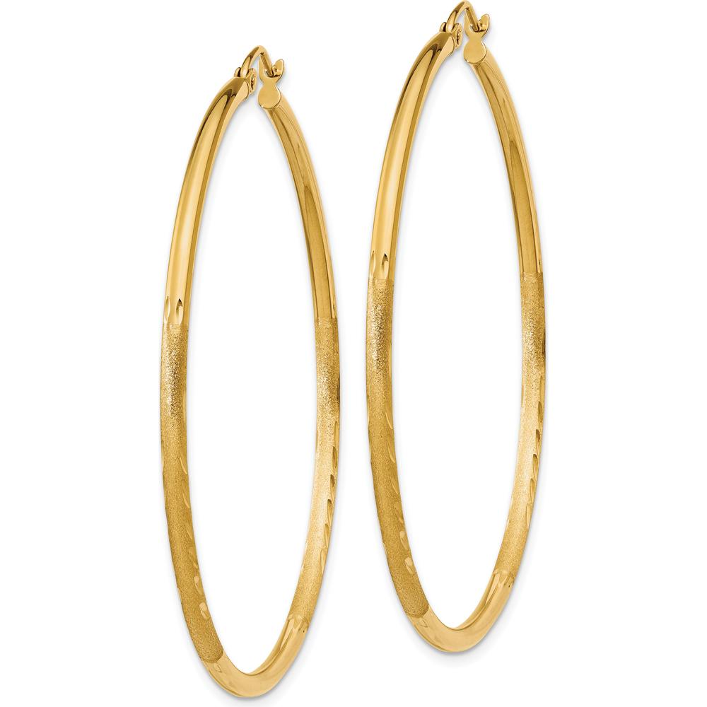 10K Yellow Gold Satin and Diamond-Cut Round Tube Hoop Earrings - 50mm Length