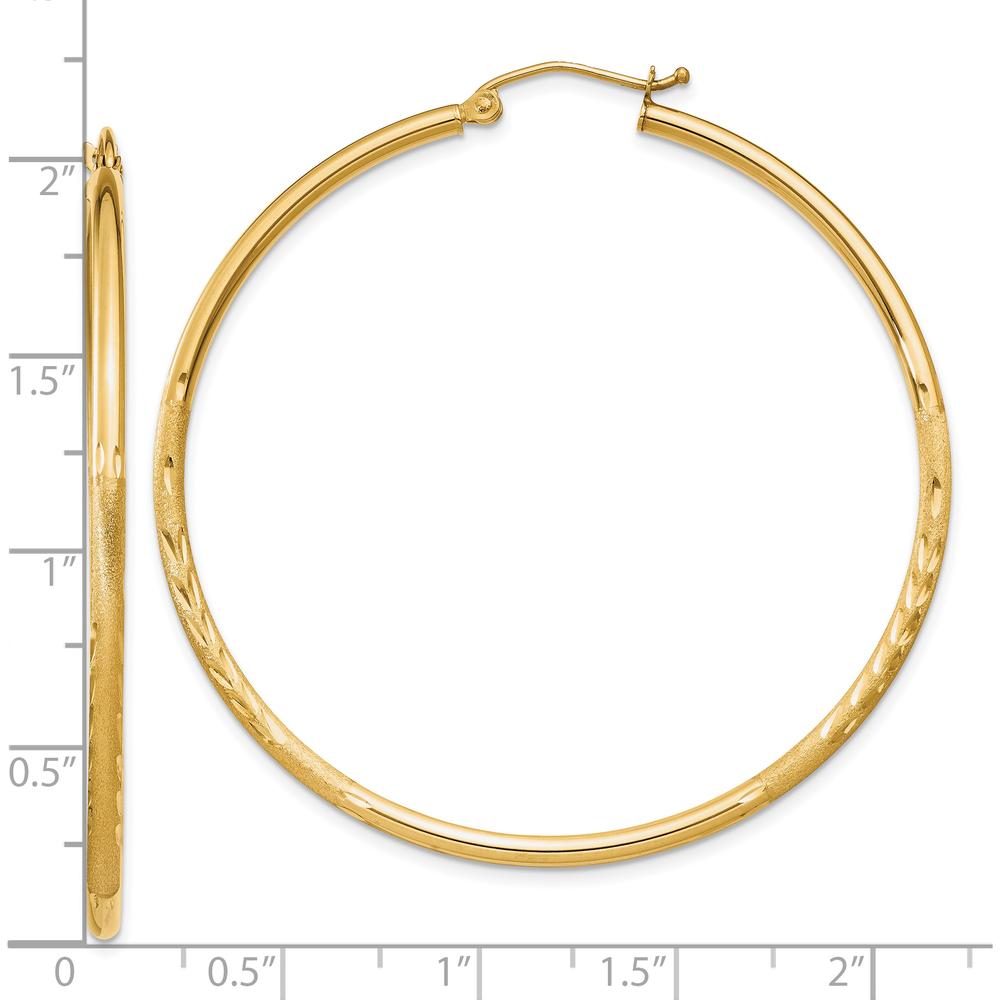 10K Yellow Gold Satin and Diamond-Cut Round Tube Hoop Earrings - 50mm Length
