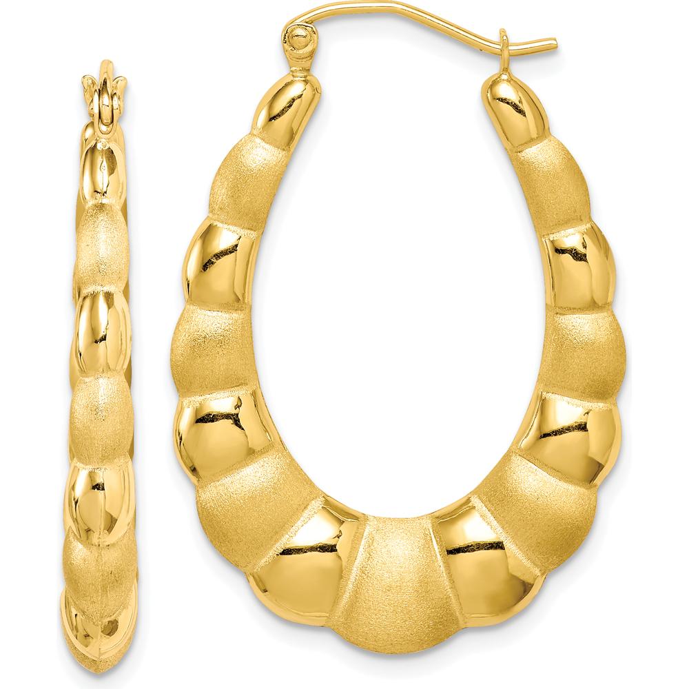 10K Yellow Gold Satin and Polished Hollow Shrimp Creole Hoop Earrings - 15mm Length