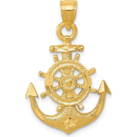 10K Yellow Gold Satin Diamond-Cut Anchor Pendant with Nautical Sailor Wheel Design - 30mm