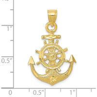 10K Yellow Gold Satin Diamond-Cut Anchor Pendant with Nautical Sailor Wheel Design - 30mm