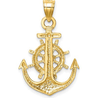 10K Yellow Gold Satin Diamond-Cut Anchor Pendant with Nautical Sailor Wheel Design - 30mm