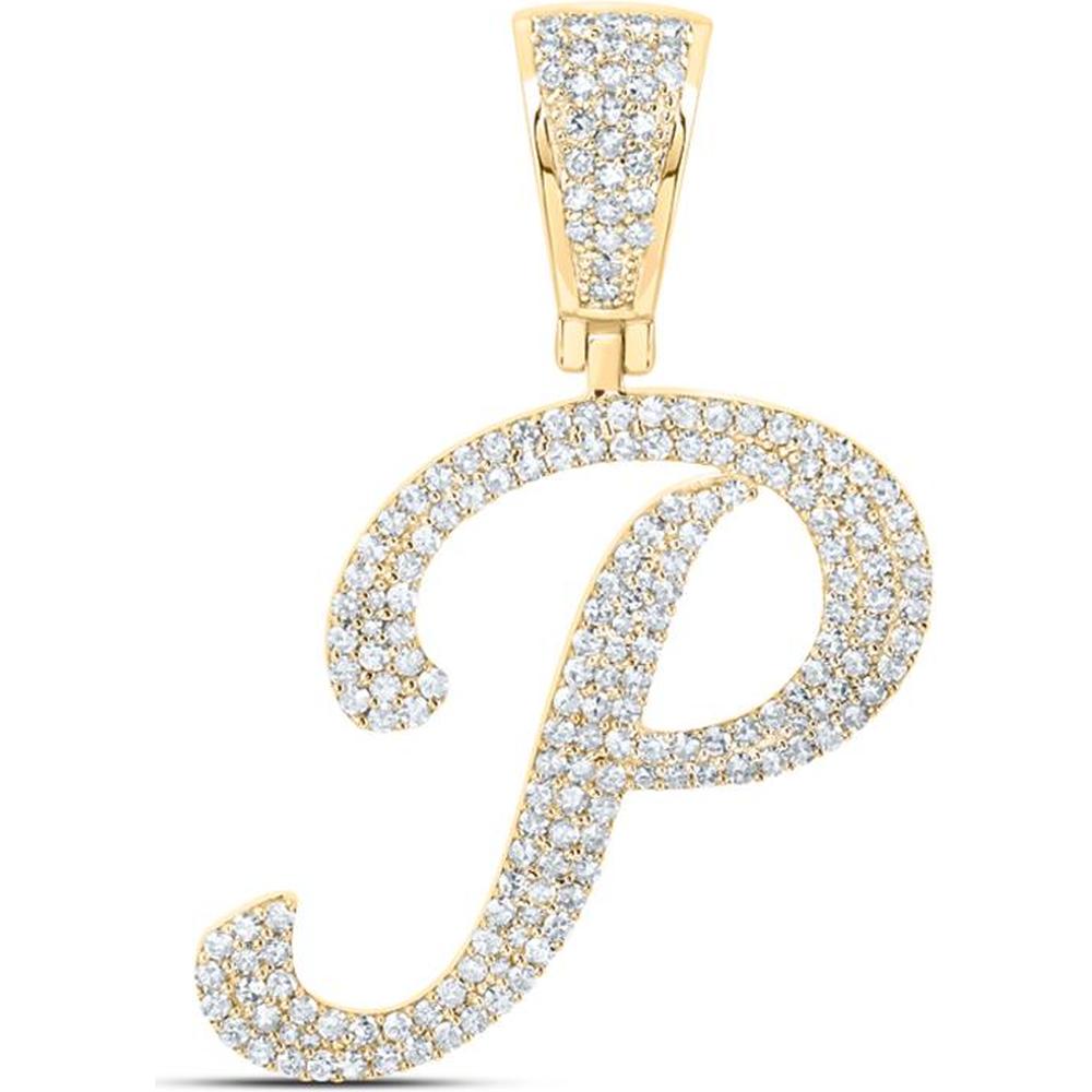 10K Yellow Gold Script "P" Initial Pendant with Prong-Set Round Diamonds - 0.90 Carat Total Diamond Weight