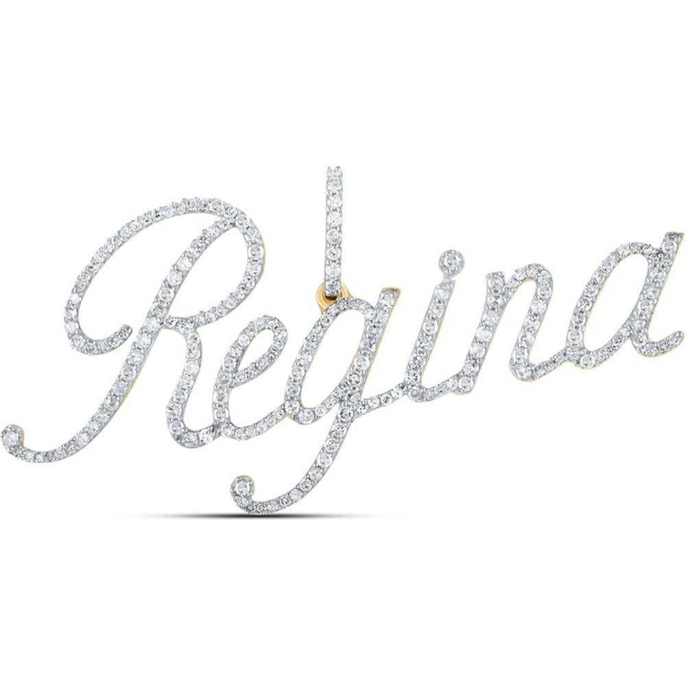 10K Yellow Gold Script "Regina" Name Pendant with Prong-Set Round Diamonds - 0.94 Carat Total Diamond Weight
