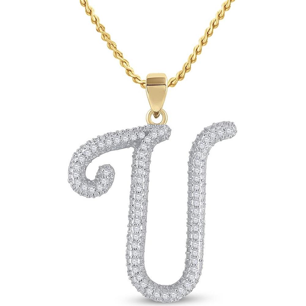 10K Yellow Gold Script "U" Initial Pendant with Prong-Set Round Diamonds - 0.20 Carat Total Diamond Weight