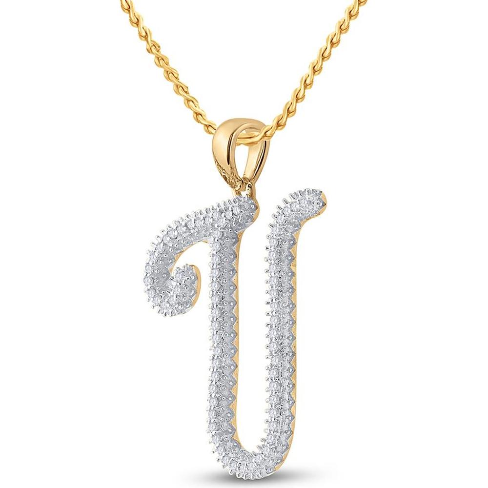 10K Yellow Gold Script "U" Initial Pendant with Prong-Set Round Diamonds - 0.20 Carat Total Diamond Weight