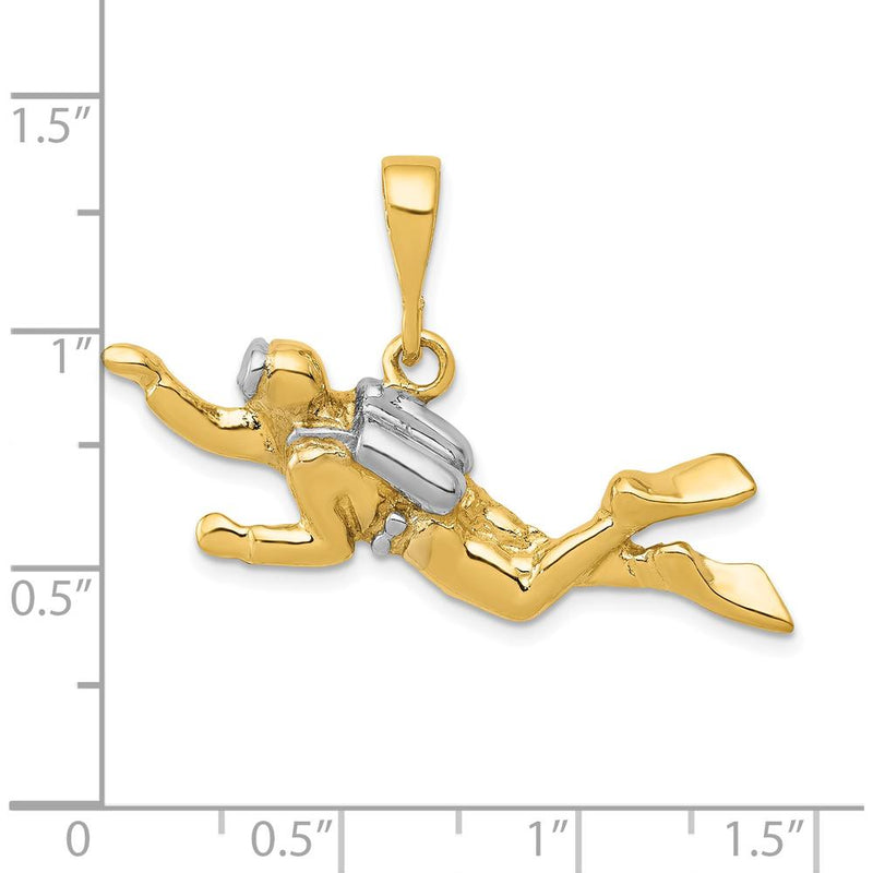 10K Yellow Gold Scuba Diver Pendant with Rhodium Accents - Polished Finish