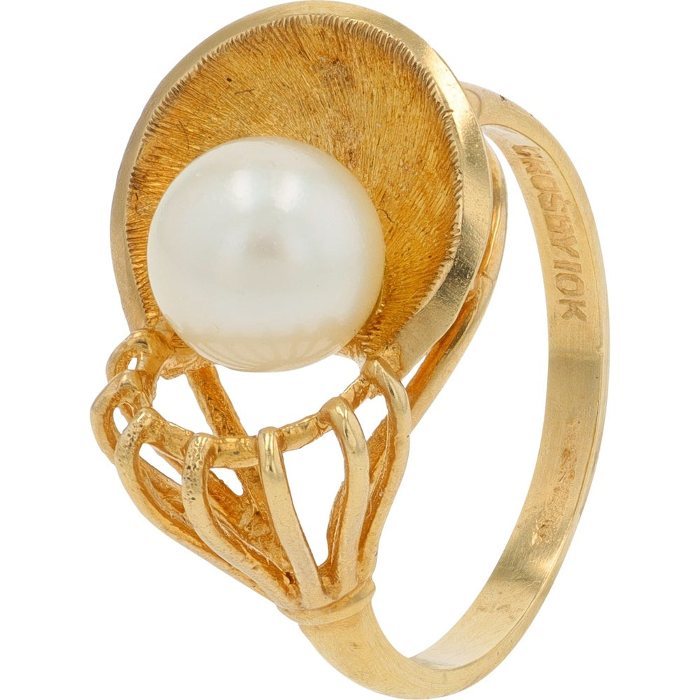 10K Yellow Gold Sculptural Ring with Free-Form Basket Setting and Lustrous White Pearl