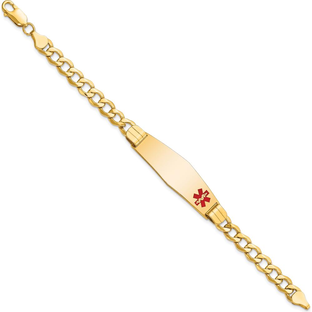 10K Yellow Gold Semi-Solid Medical Alert Bracelet with Red Enamel Curb Link Chain - 7" Long