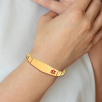 10K Yellow Gold Semi-Solid Medical Alert Bracelet with Red Enamel Curb Link Chain - 7" Long