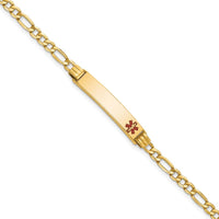 10K Yellow Gold Semi-Solid Medical ID Bracelet with Red Enamel - 7" Figaro Chain