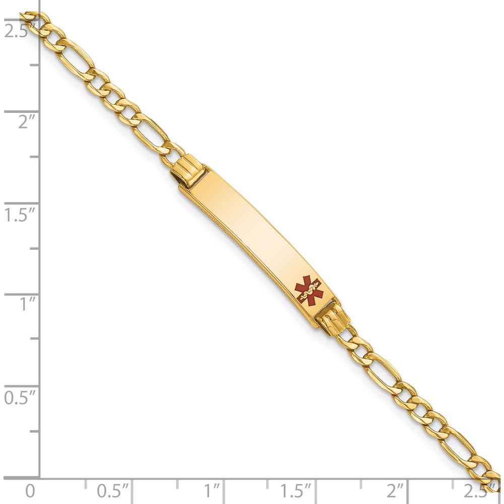 10K Yellow Gold Semi-Solid Medical ID Bracelet with Red Enamel - 7" Figaro Chain