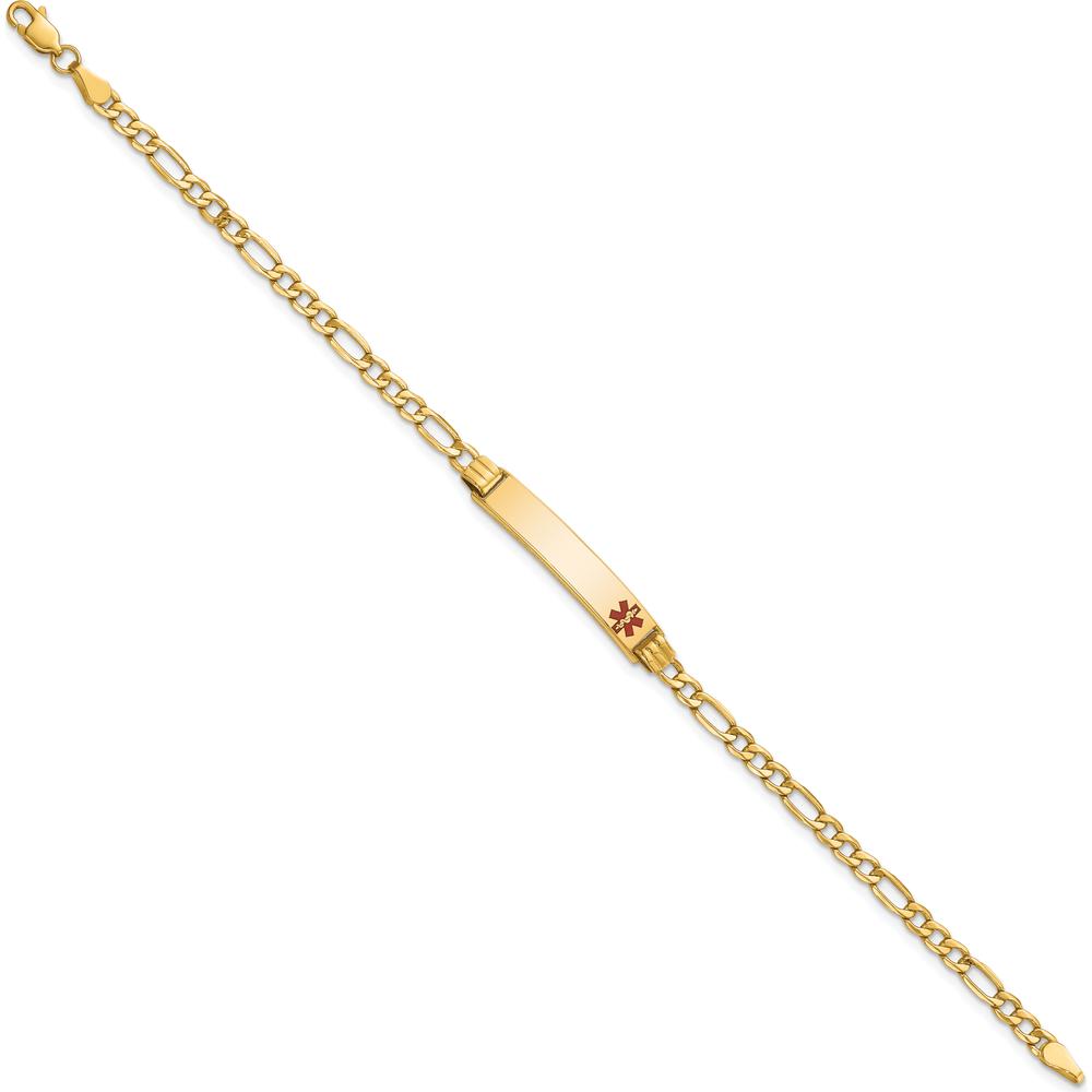 10K Yellow Gold Semi-Solid Medical ID Bracelet with Red Enamel - 7" Figaro Chain